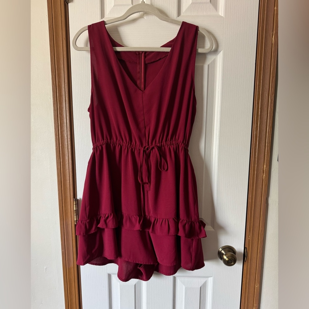 Burgundy Sleeveless Ruffle Romper
